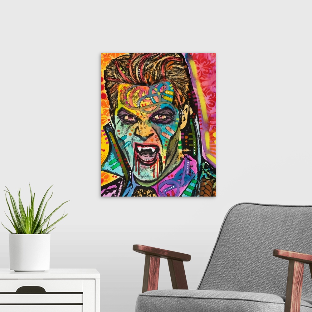 A modern room featuring Pop art style painting of Dracula in different colors and abstract designs.