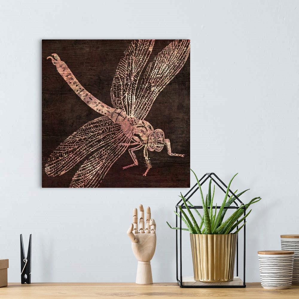 A bohemian room featuring etching of dragonfly