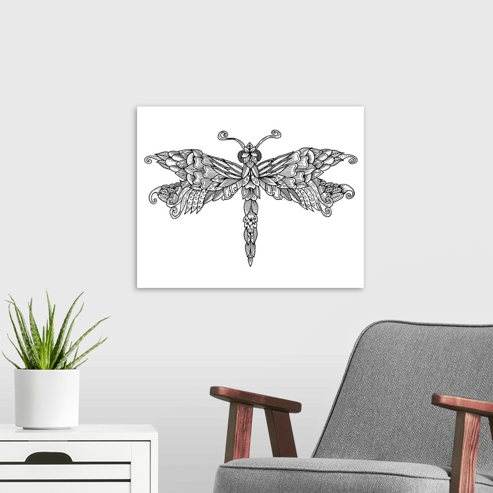 A modern room featuring Line art of a dragonfly with detailed wings.