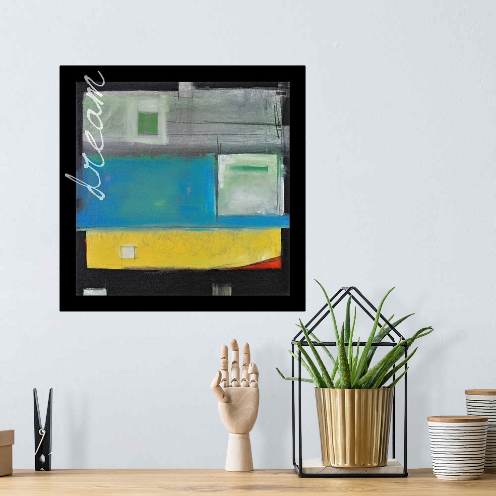 A bohemian room featuring Abstract painting on a square canvas of various blocks of color lined up vertically.