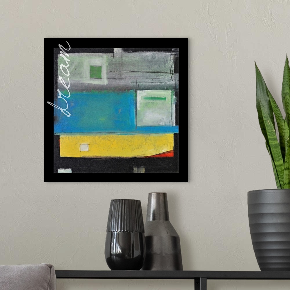 A modern room featuring Abstract painting on a square canvas of various blocks of color lined up vertically.