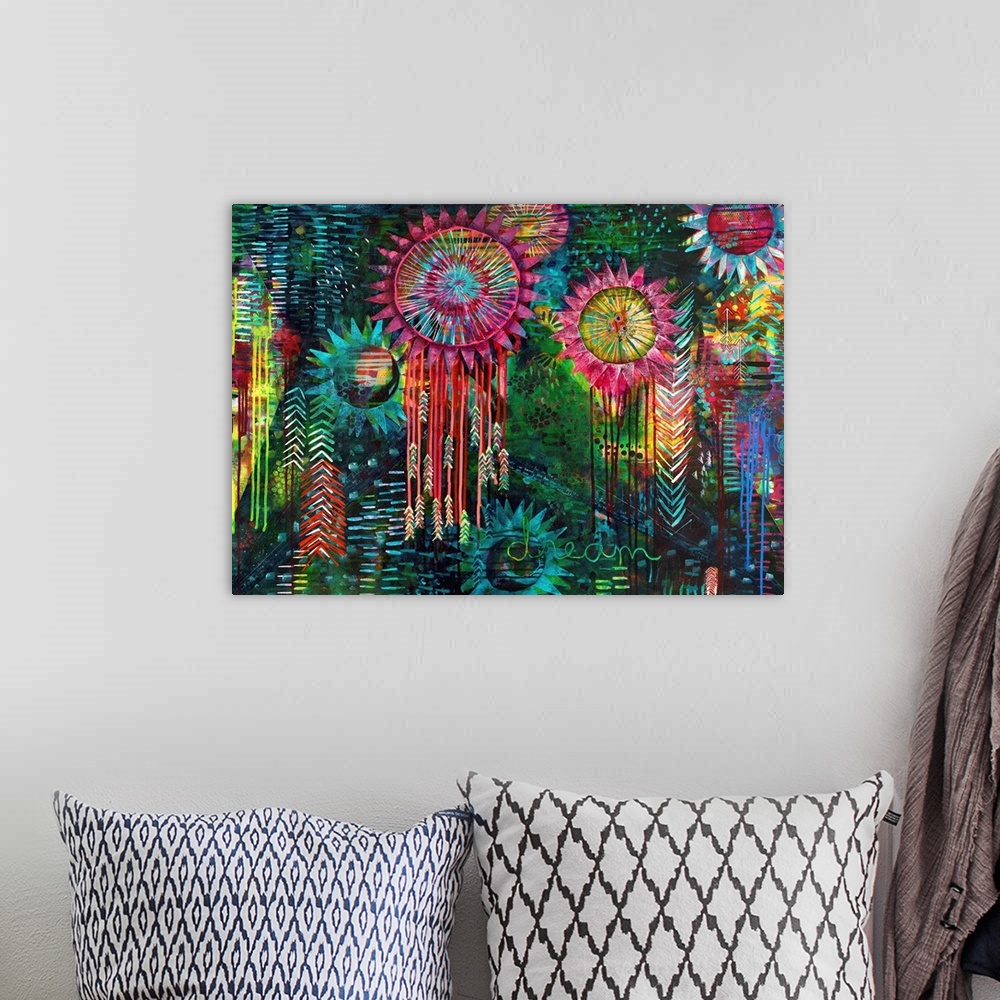 A bohemian room featuring Colorful abstract painting with feathered dream catchers and designs on a blue and green backgrou...