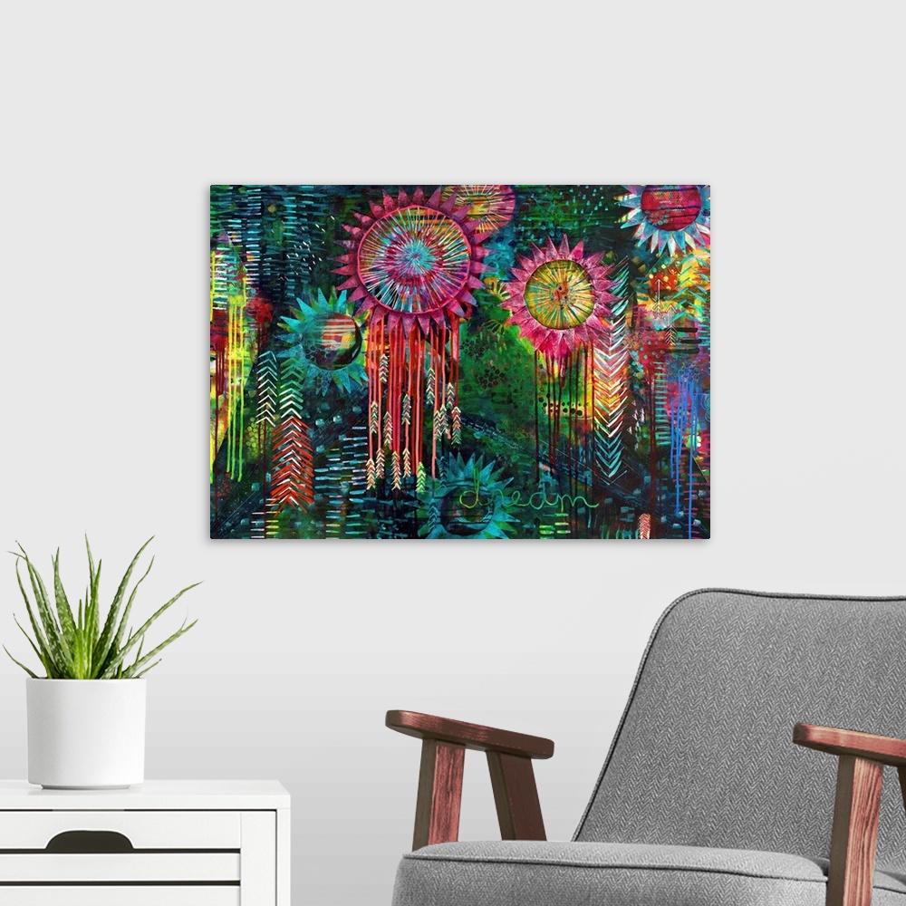A modern room featuring Colorful abstract painting with feathered dream catchers and designs on a blue and green backgrou...