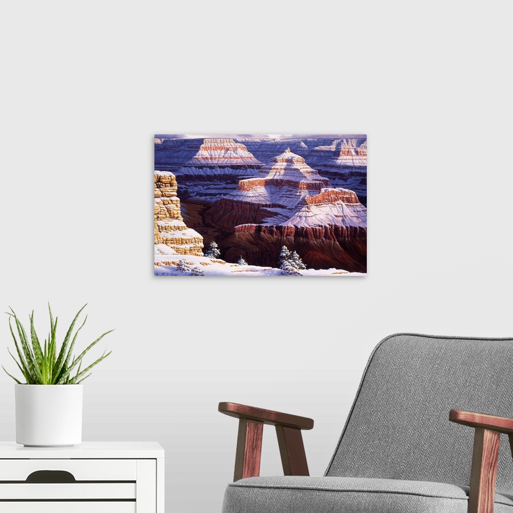 A modern room featuring Contemporary landscape painting of the Grand Canyon in the winter under a fresh snowfall.
