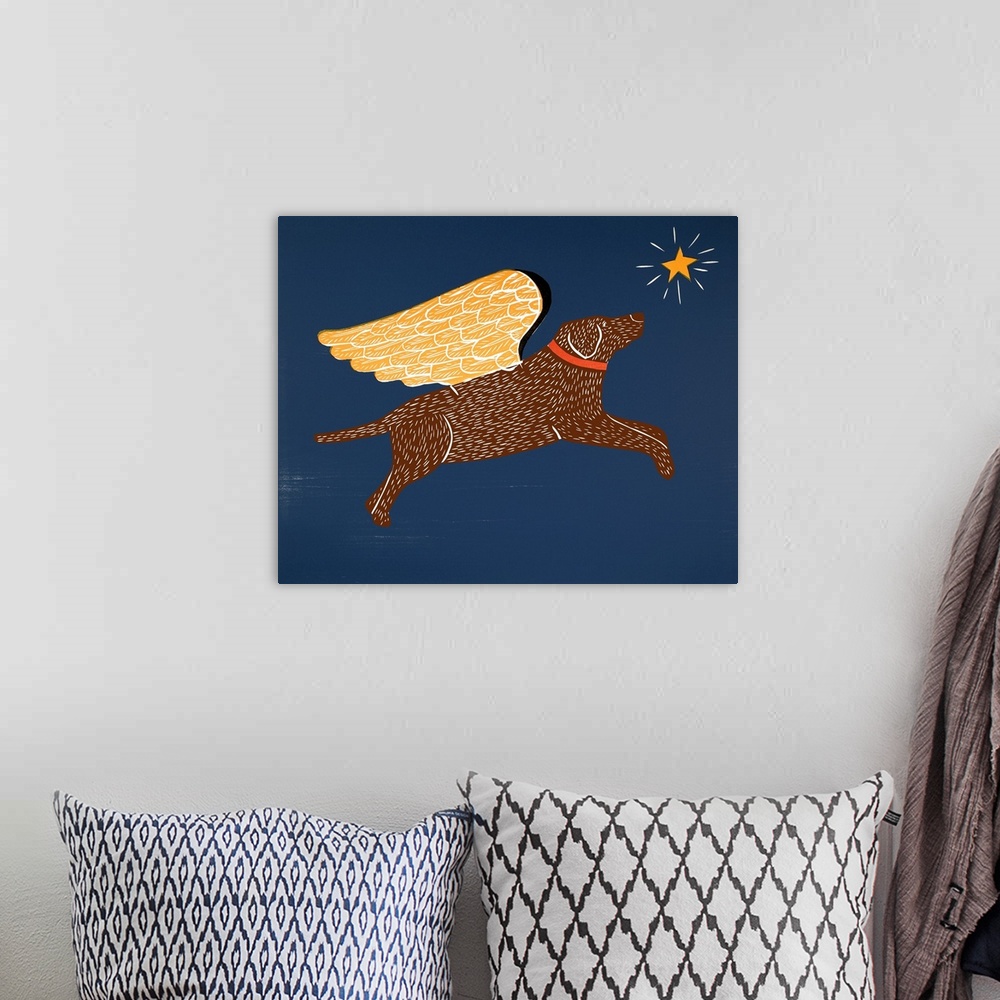 A bohemian room featuring Illustration of a chocolate lab with gold wings flying in the night sky towards a bright star.