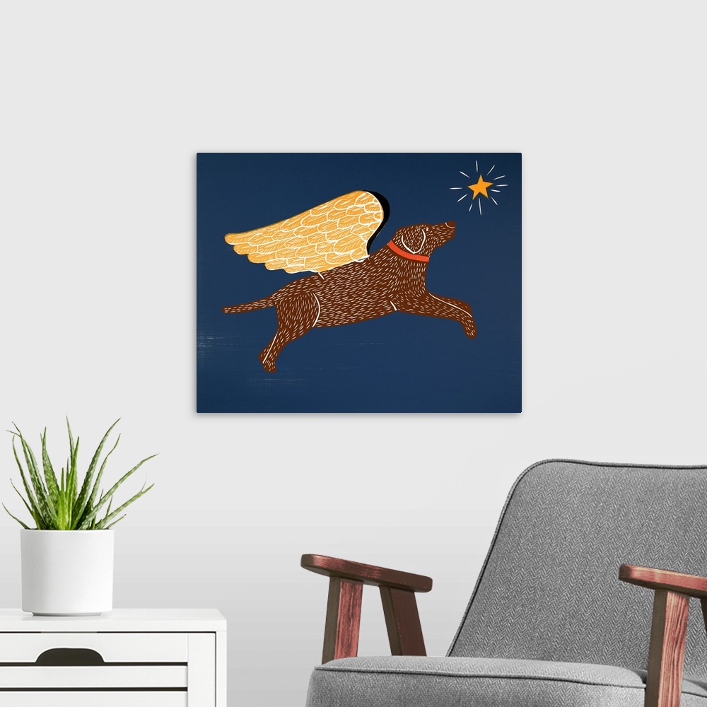 A modern room featuring Illustration of a chocolate lab with gold wings flying in the night sky towards a bright star.