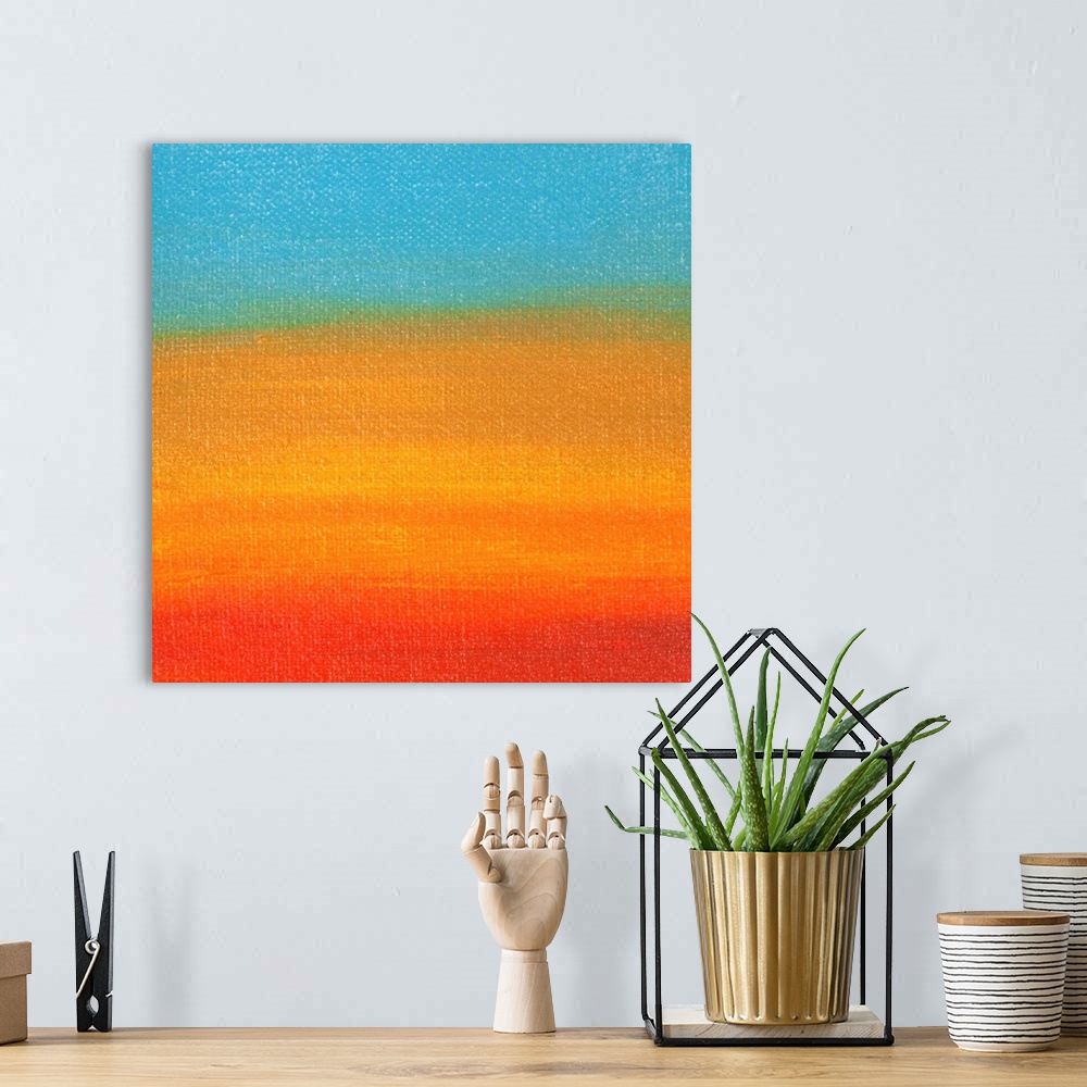A bohemian room featuring Square abstract color block painting.