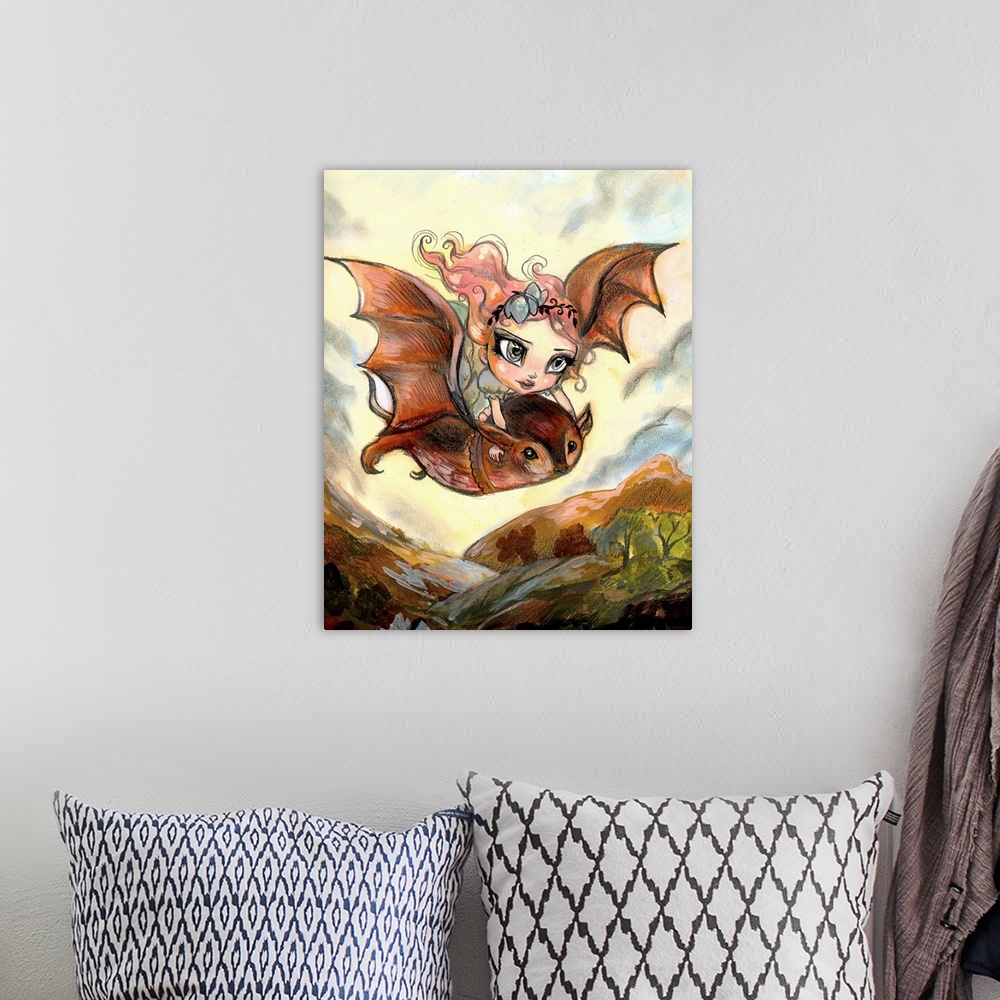 A bohemian room featuring Fantasy painting of a woman riding a bat through the valley.