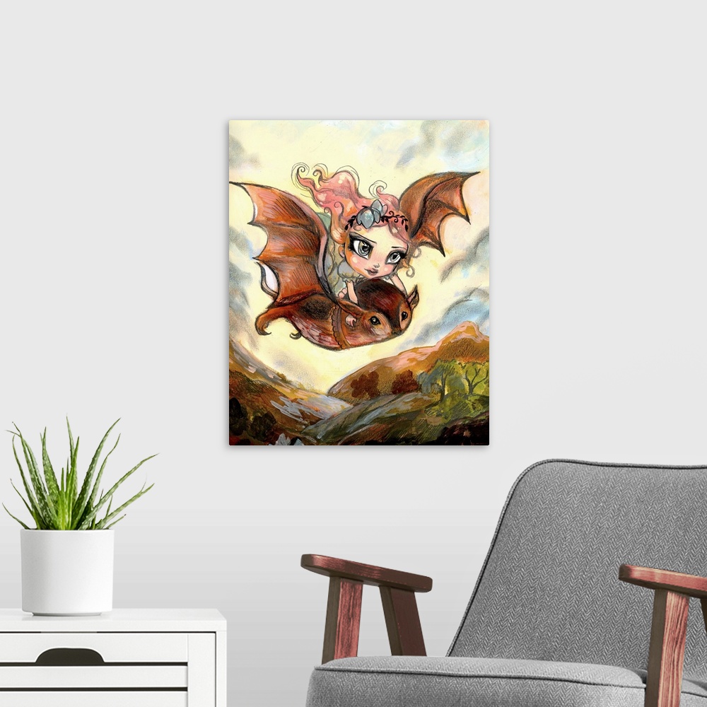 A modern room featuring Fantasy painting of a woman riding a bat through the valley.
