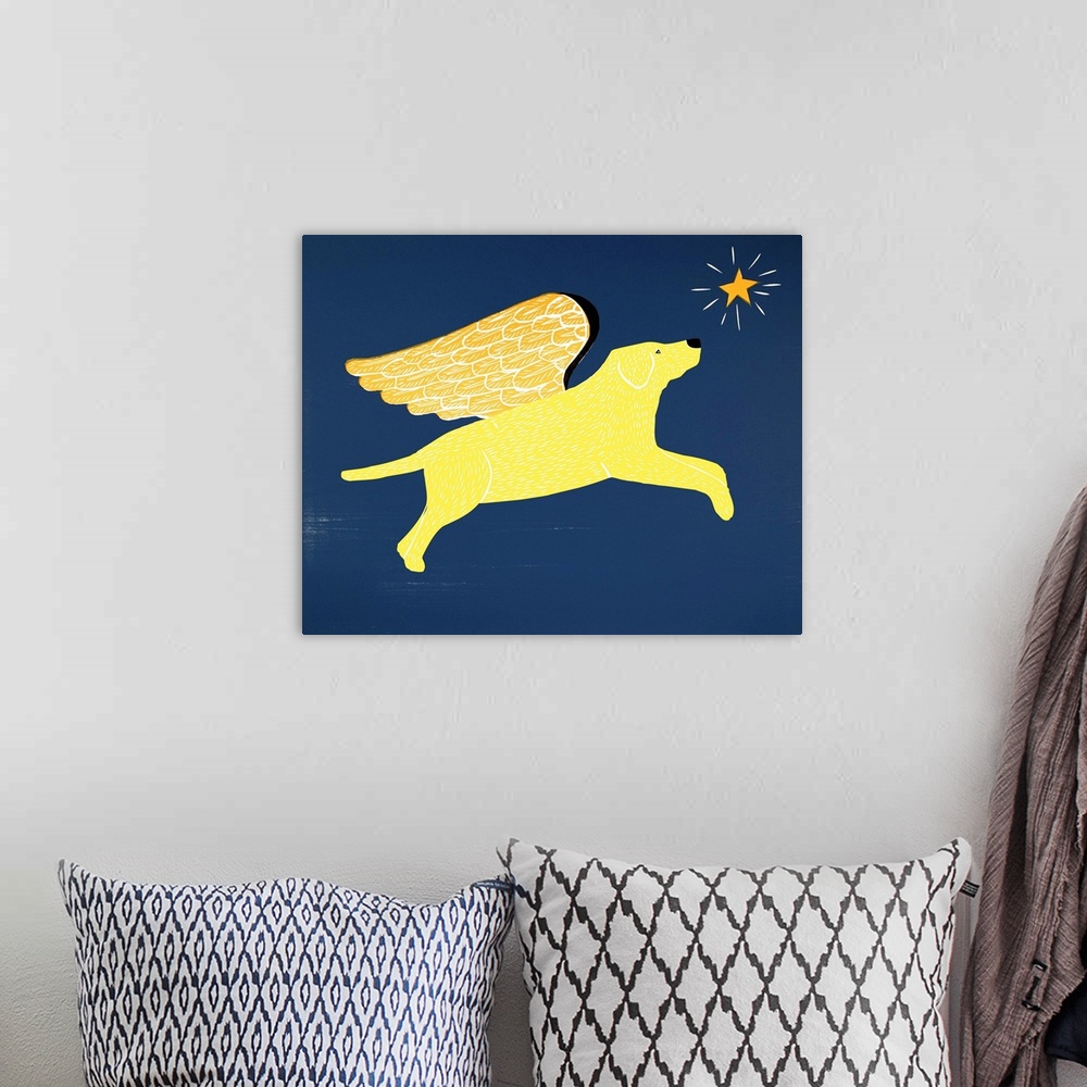 A bohemian room featuring Illustration of a yellow lab with gold wings flying in the night sky towards a bright star.