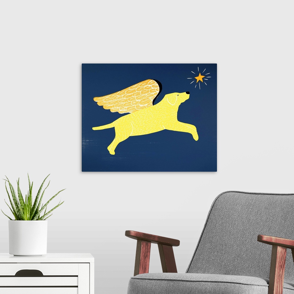 A modern room featuring Illustration of a yellow lab with gold wings flying in the night sky towards a bright star.