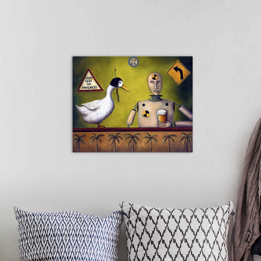 A bohemian room featuring Surrealist painting of a crash test dummy sitting at a bar drinking.