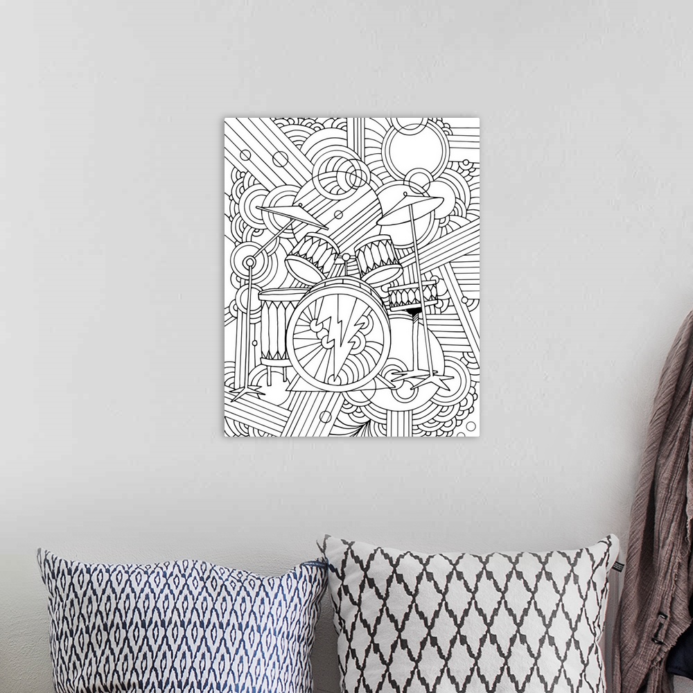 A bohemian room featuring Black and white line art of a musical drum set.