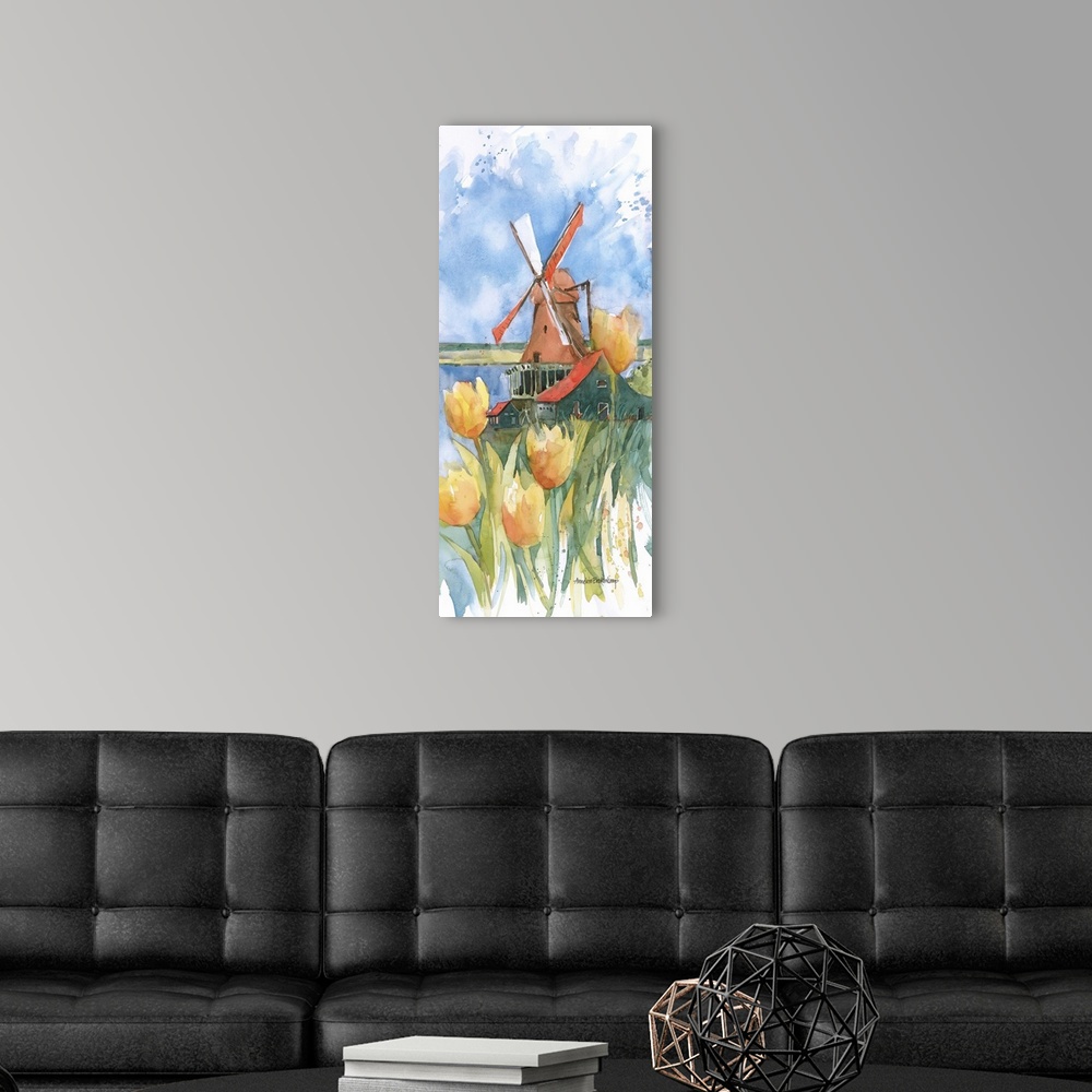 A modern room featuring Contemporary watercolor painting of flowers, with a windmill in the background.