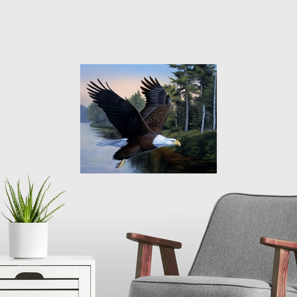 A modern room featuring An eagle flying over the water.