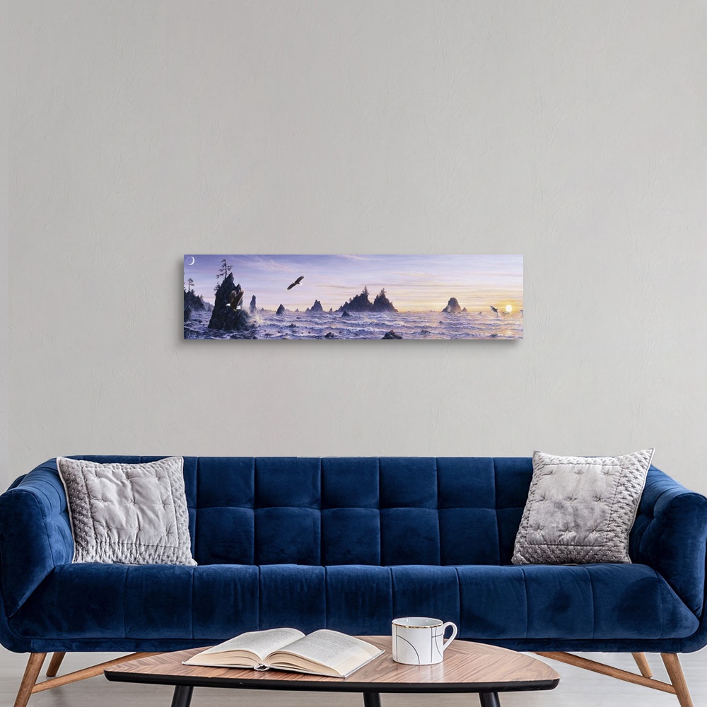 A modern room featuring eagles flying over the ocean, whales jumping in the background, with a full moon