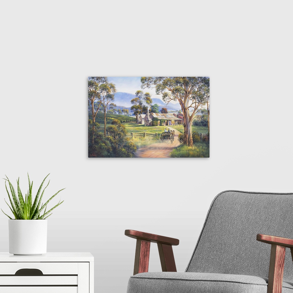 A modern room featuring Contemporary painting of a couple arriving at a homestead on horse and buggy.