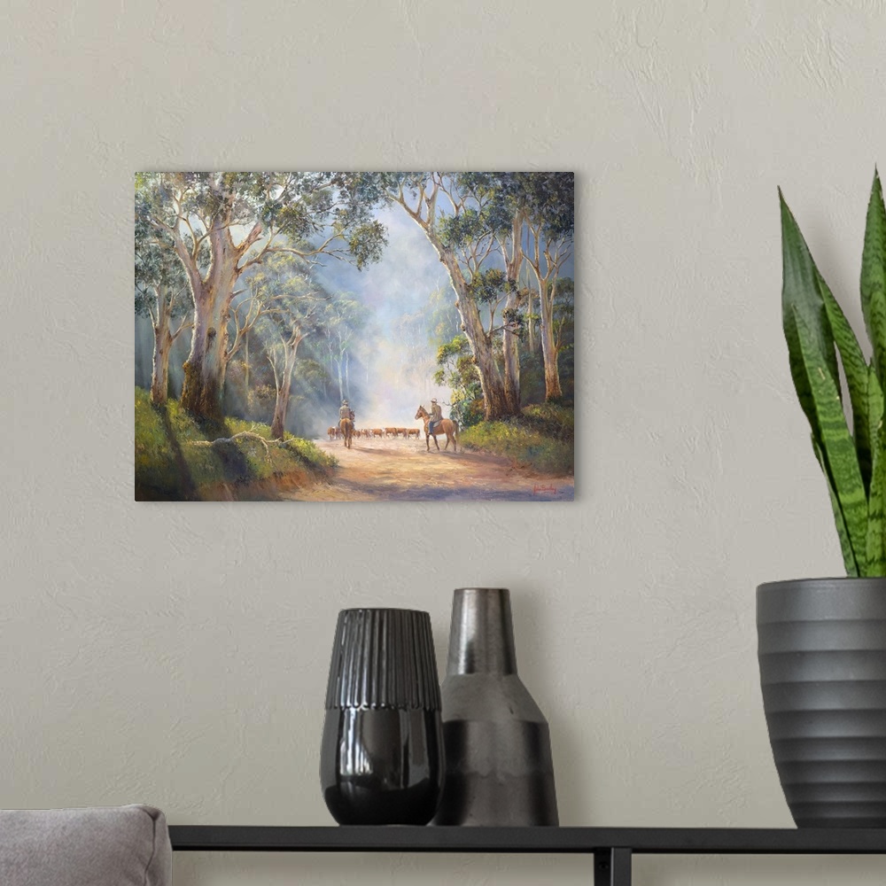 A modern room featuring Contemporary painting of cowboys moving a herd of cattle through a foggy wood in the early morning.