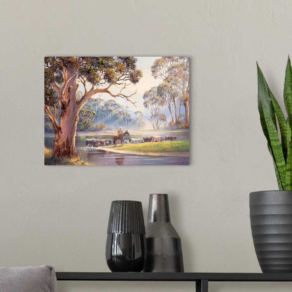 A modern room featuring Contemporary painting of a cowboy moving a herd of cattle through a river.
