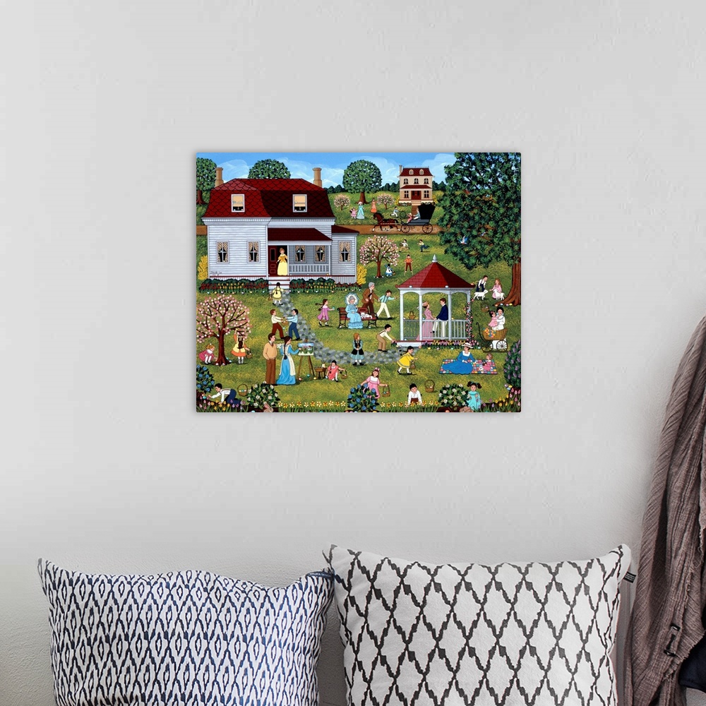 A bohemian room featuring Folk art of a countryside village with children hunting for Easter eggs in a garden.