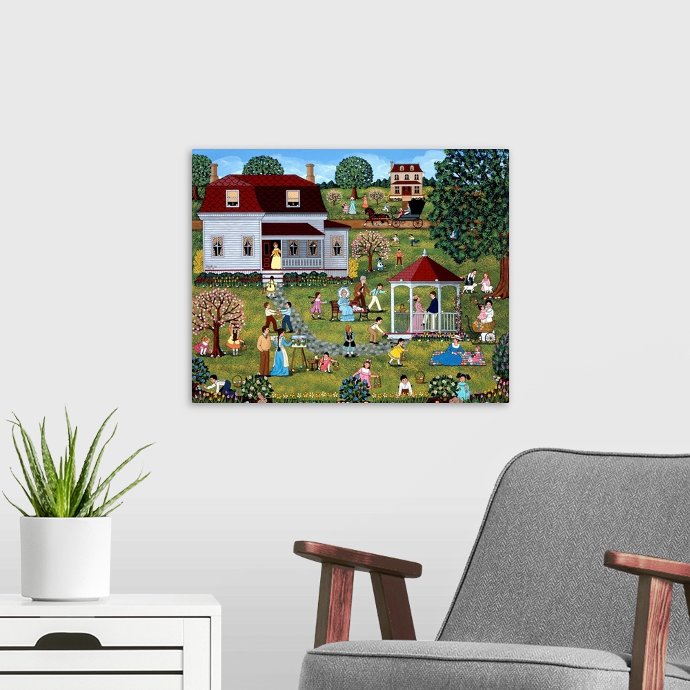 A modern room featuring Folk art of a countryside village with children hunting for Easter eggs in a garden.
