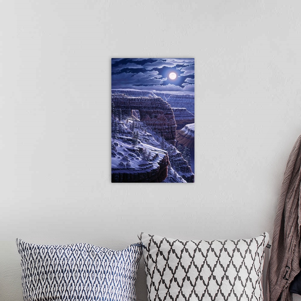 A bohemian room featuring Contemporary landscape painting of the Grand Canyon under the full moon and a blanket of snow.