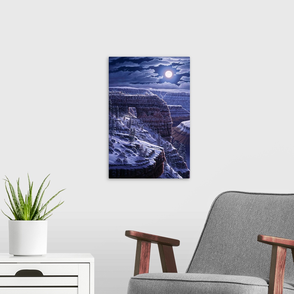 A modern room featuring Contemporary landscape painting of the Grand Canyon under the full moon and a blanket of snow.