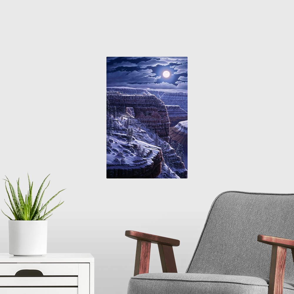 A modern room featuring Contemporary landscape painting of the Grand Canyon under the full moon and a blanket of snow.