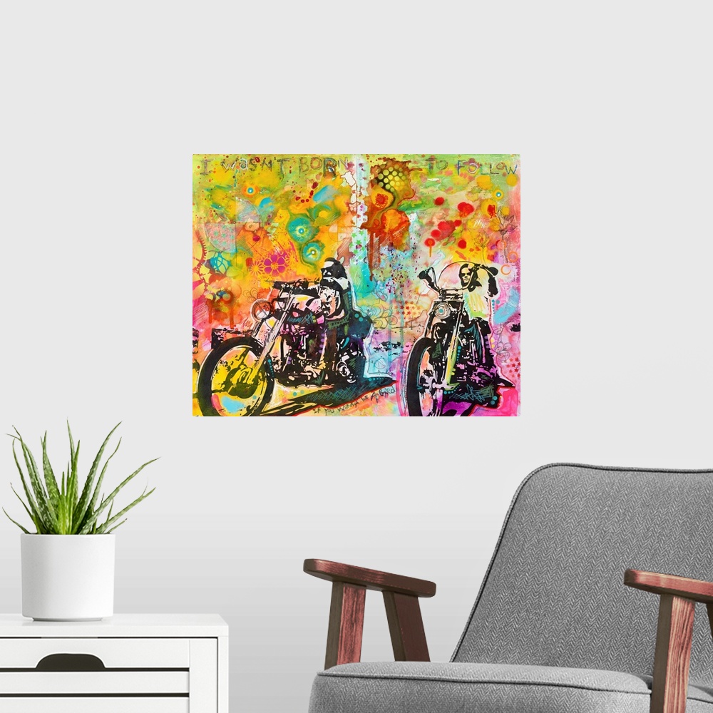 A modern room featuring "I Wasn't Born To Follow" hand etched at the top of a colorful illustration of Dennis Hopper and ...