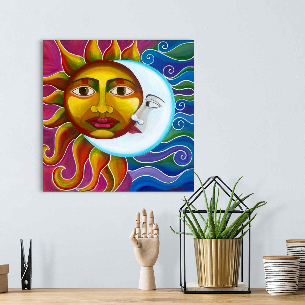 A bohemian room featuring Contemporary painting of a sun and moon together making one figure.