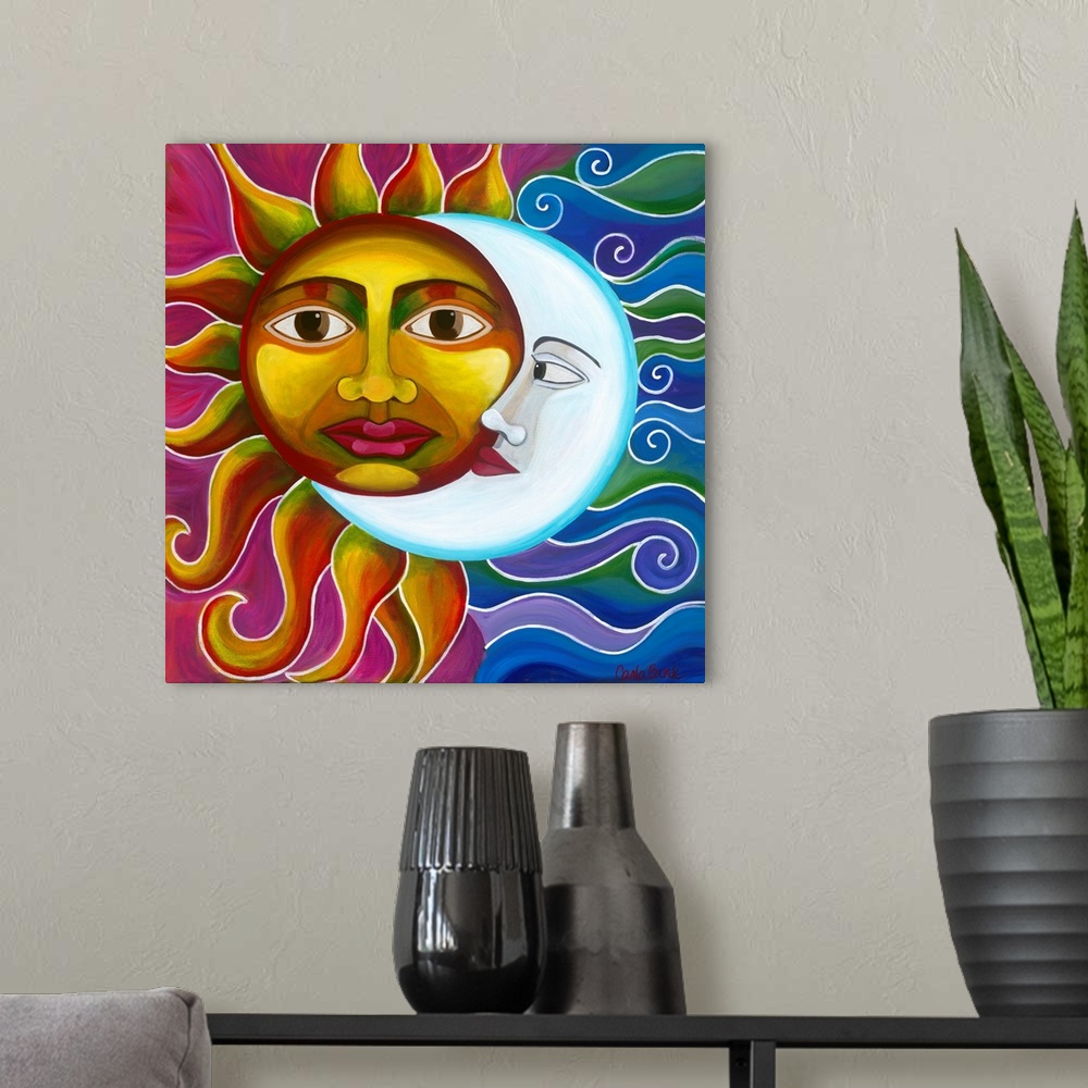 A modern room featuring Contemporary painting of a sun and moon together making one figure.