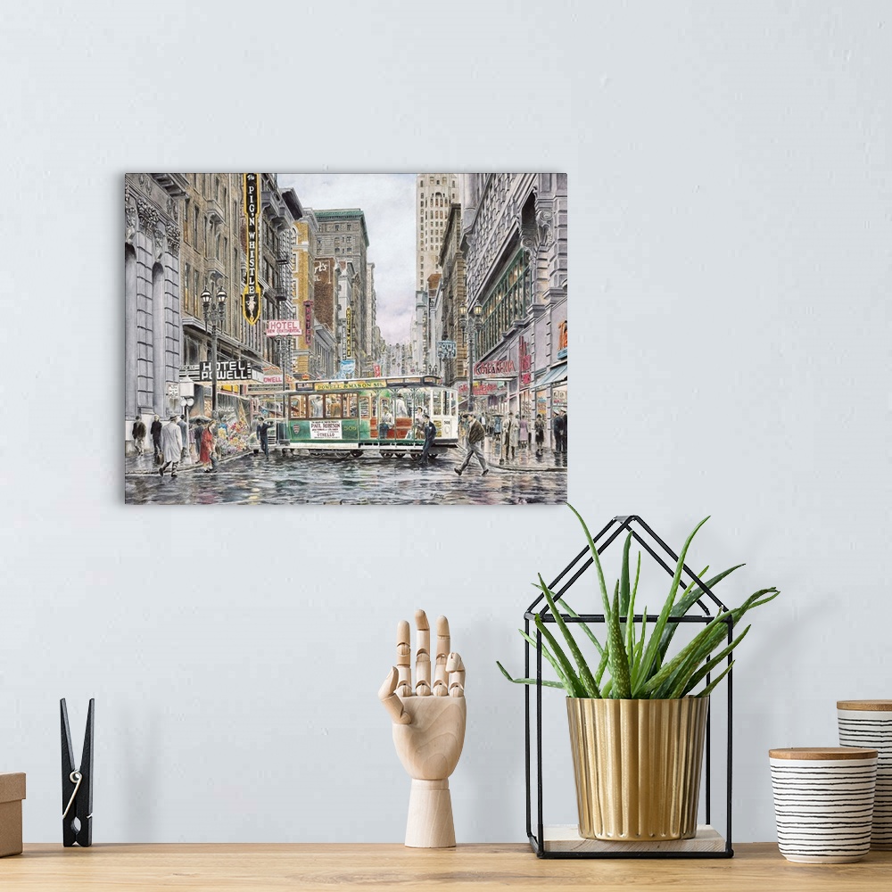 A bohemian room featuring Contemporary painting of a bustling city street.