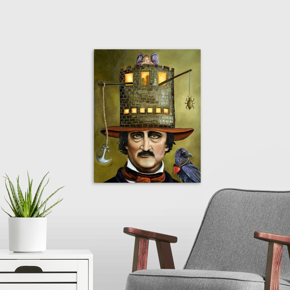 A modern room featuring Surrealist painting of a portrait of a the famous poet Edger Allen Poe.