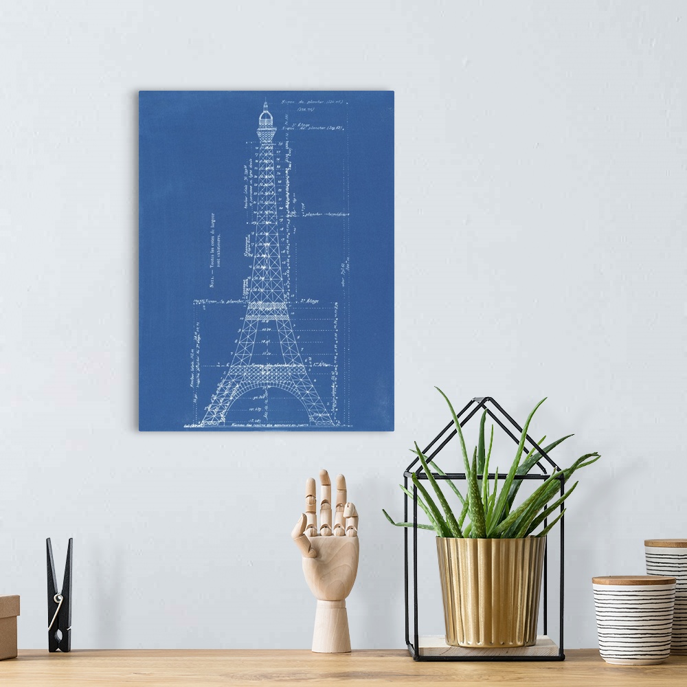A bohemian room featuring Vintage blueprint of the Eiffel Tower.
