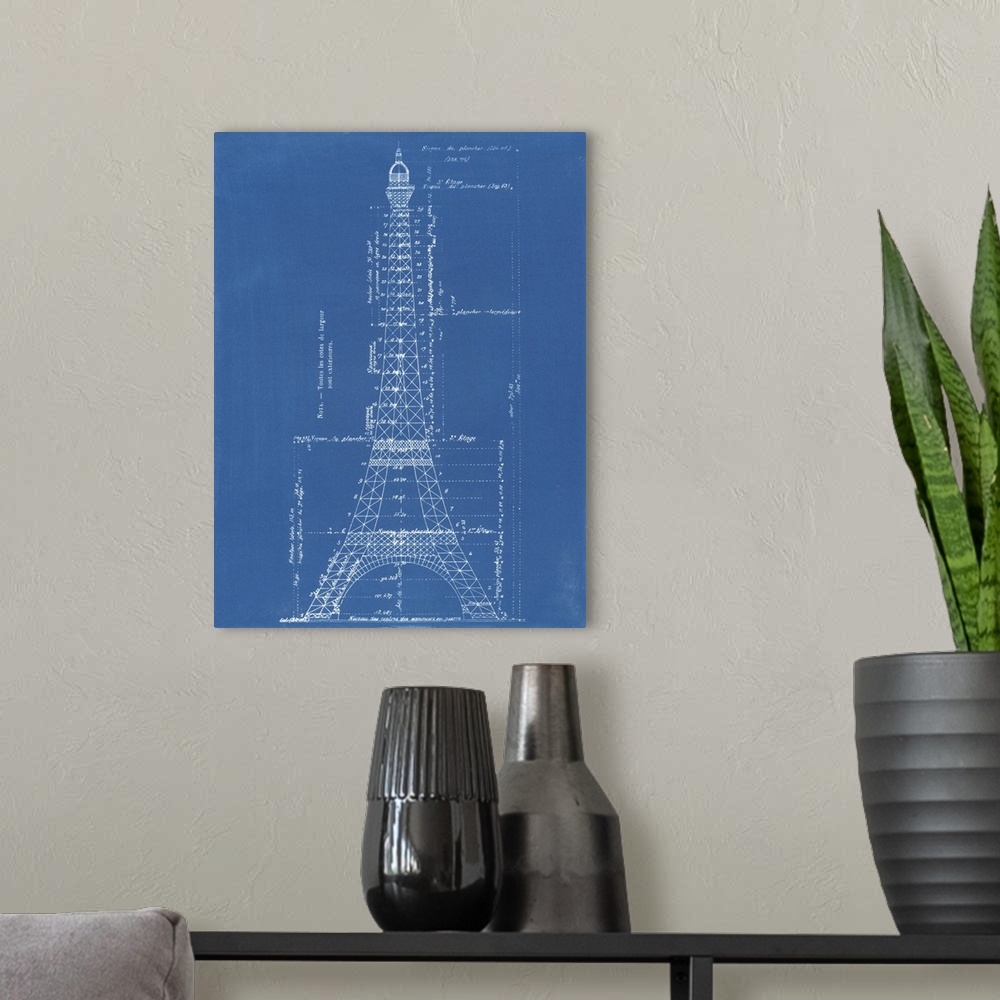 A modern room featuring Vintage blueprint of the Eiffel Tower.