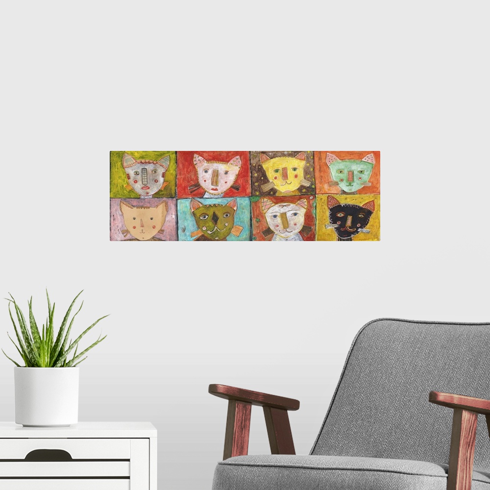 A modern room featuring Lighthearted contemporary painting of eight cats faces.