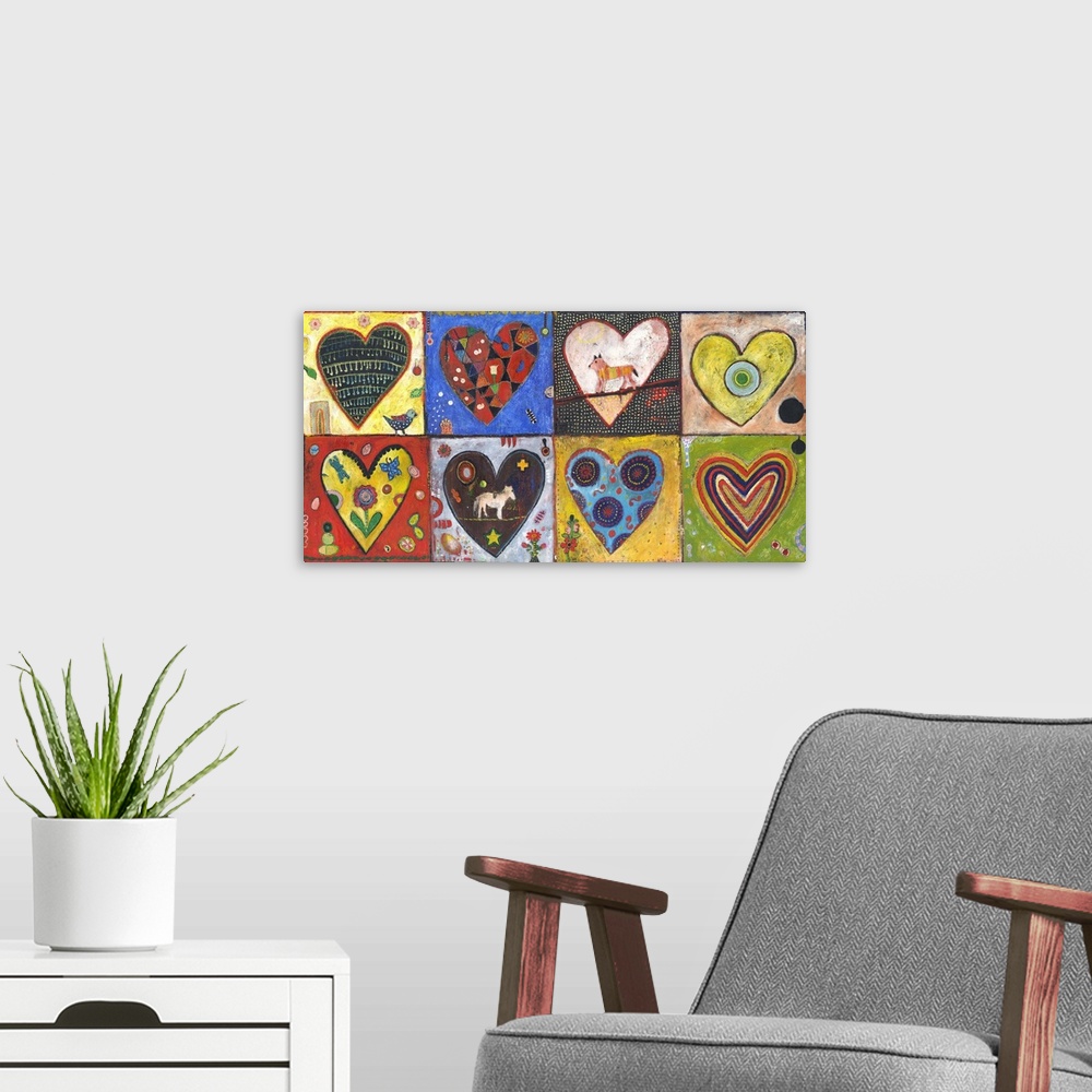 A modern room featuring Lighthearted contemporary painting of eight hearts against colorful backgrounds.