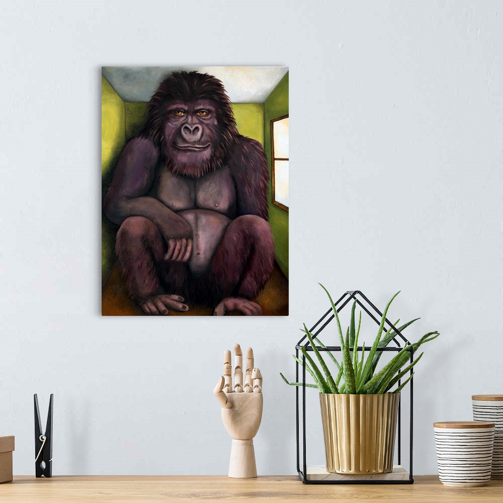 A bohemian room featuring Surrealist painting of a large gorilla sitting in a small room.