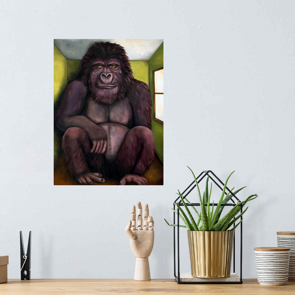 A bohemian room featuring Surrealist painting of a large gorilla sitting in a small room.