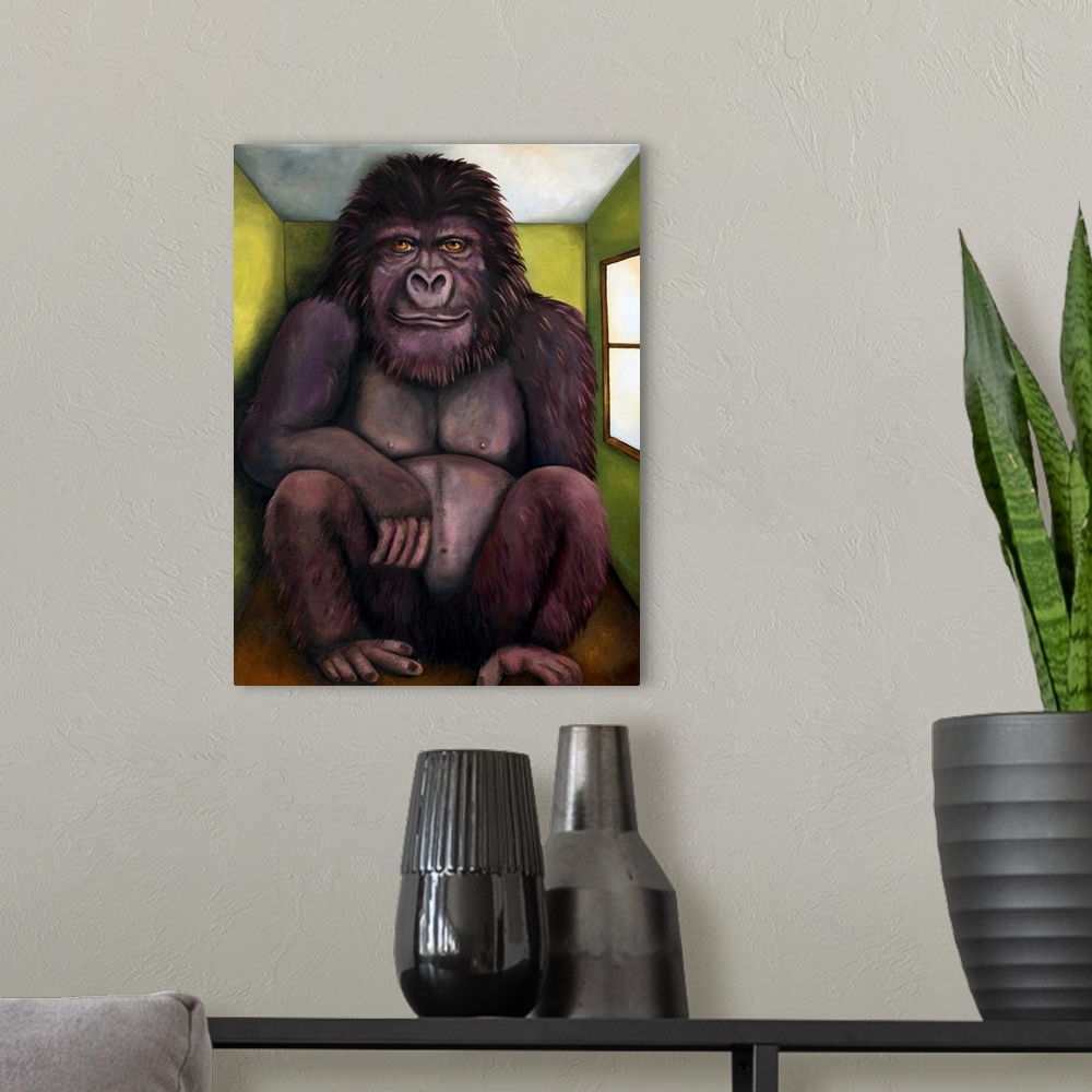 A modern room featuring Surrealist painting of a large gorilla sitting in a small room.