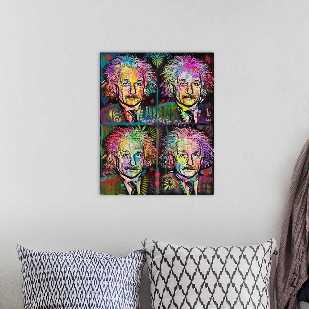 A bohemian room featuring Graffiti styled painting of 4 Albert Einsteins in rows with colorful abstract designs all over.