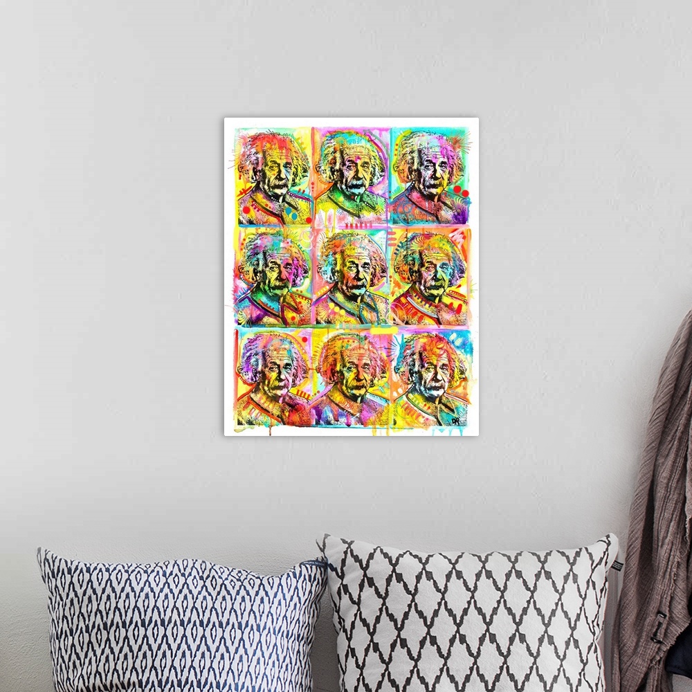 A bohemian room featuring Pop art style painting with a grid of 9 colorful Albert Einsteins with abstract designs and paint...