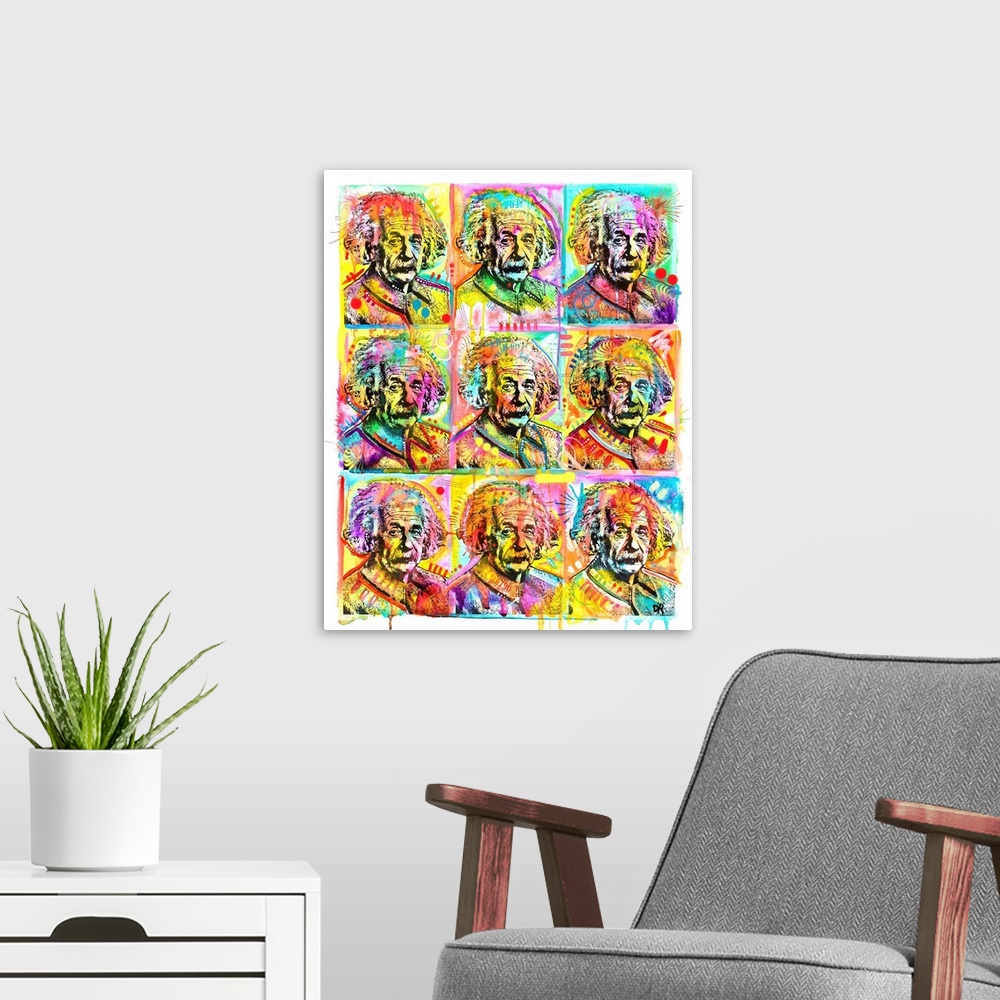 A modern room featuring Pop art style painting with a grid of 9 colorful Albert Einsteins with abstract designs and paint...