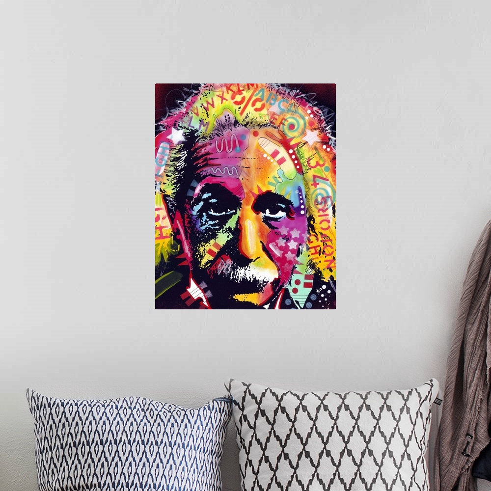 A bohemian room featuring Contemporary artwork of Albert Einstein that uses colorful designs to fill in his face and hair.