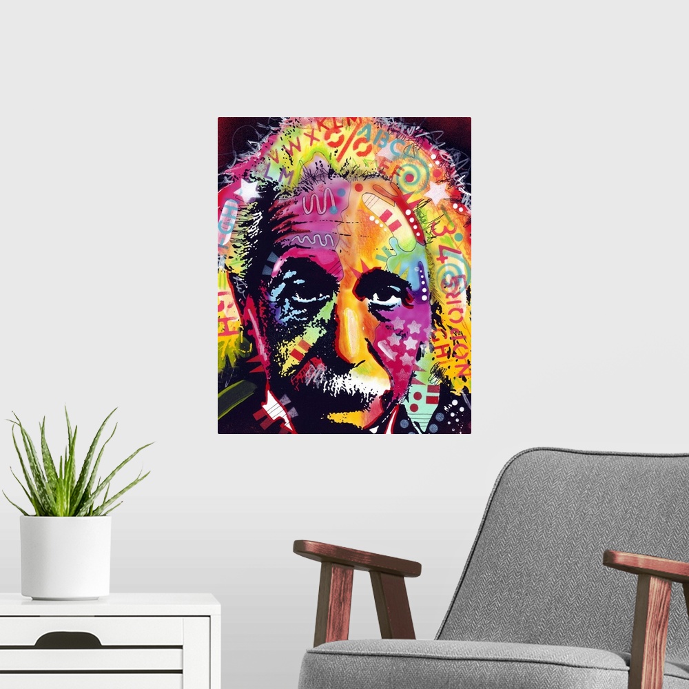 A modern room featuring Contemporary artwork of Albert Einstein that uses colorful designs to fill in his face and hair.