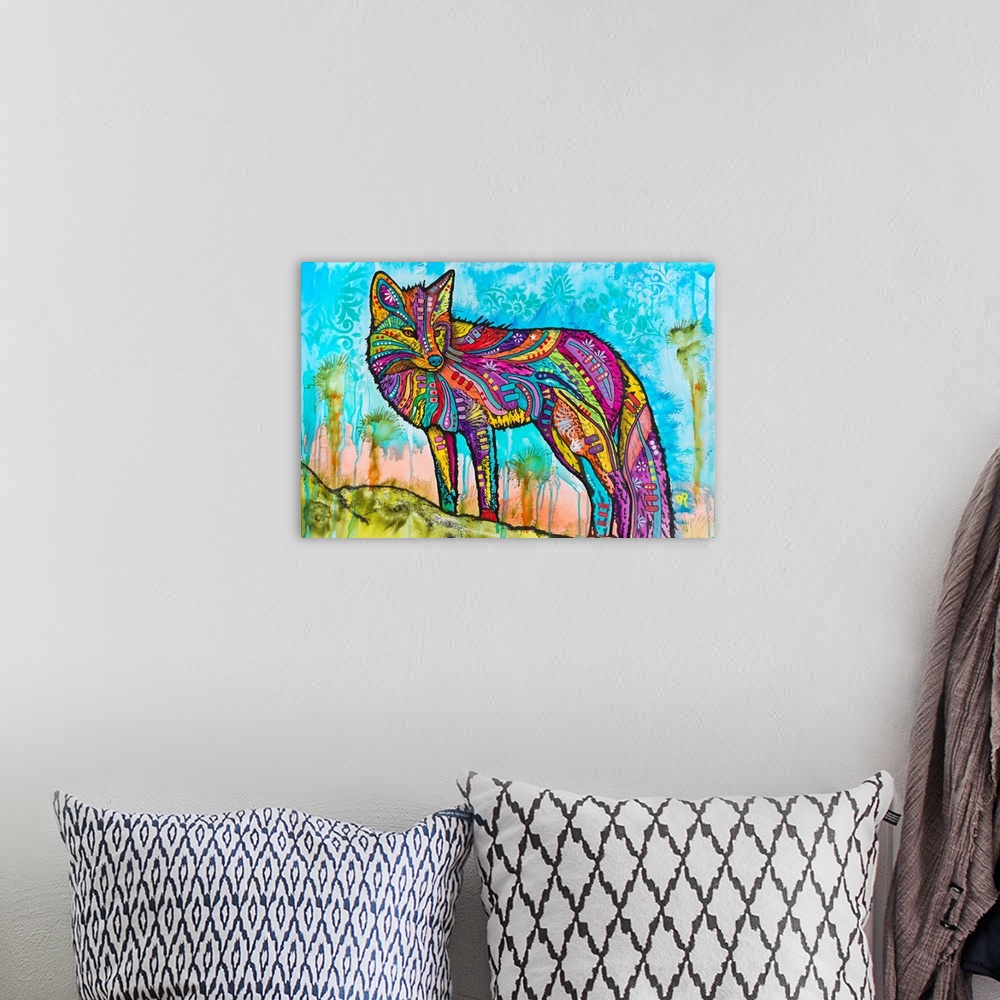 A bohemian room featuring Contemporary stencil painting of a wolf filled with various colors and patterns.