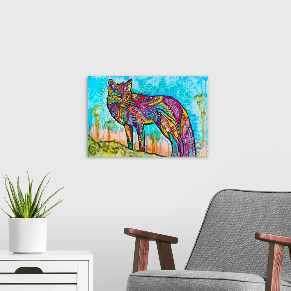 A modern room featuring Contemporary stencil painting of a wolf filled with various colors and patterns.