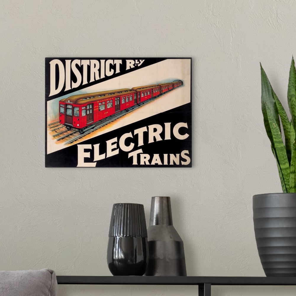 A modern room featuring Vintage poster advertisement for Electric Trains.