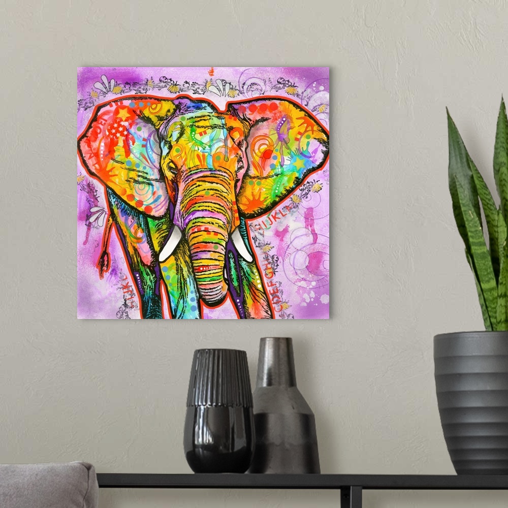 A modern room featuring Square painting of a colorful elephant with abstract markings on a busy purple background.