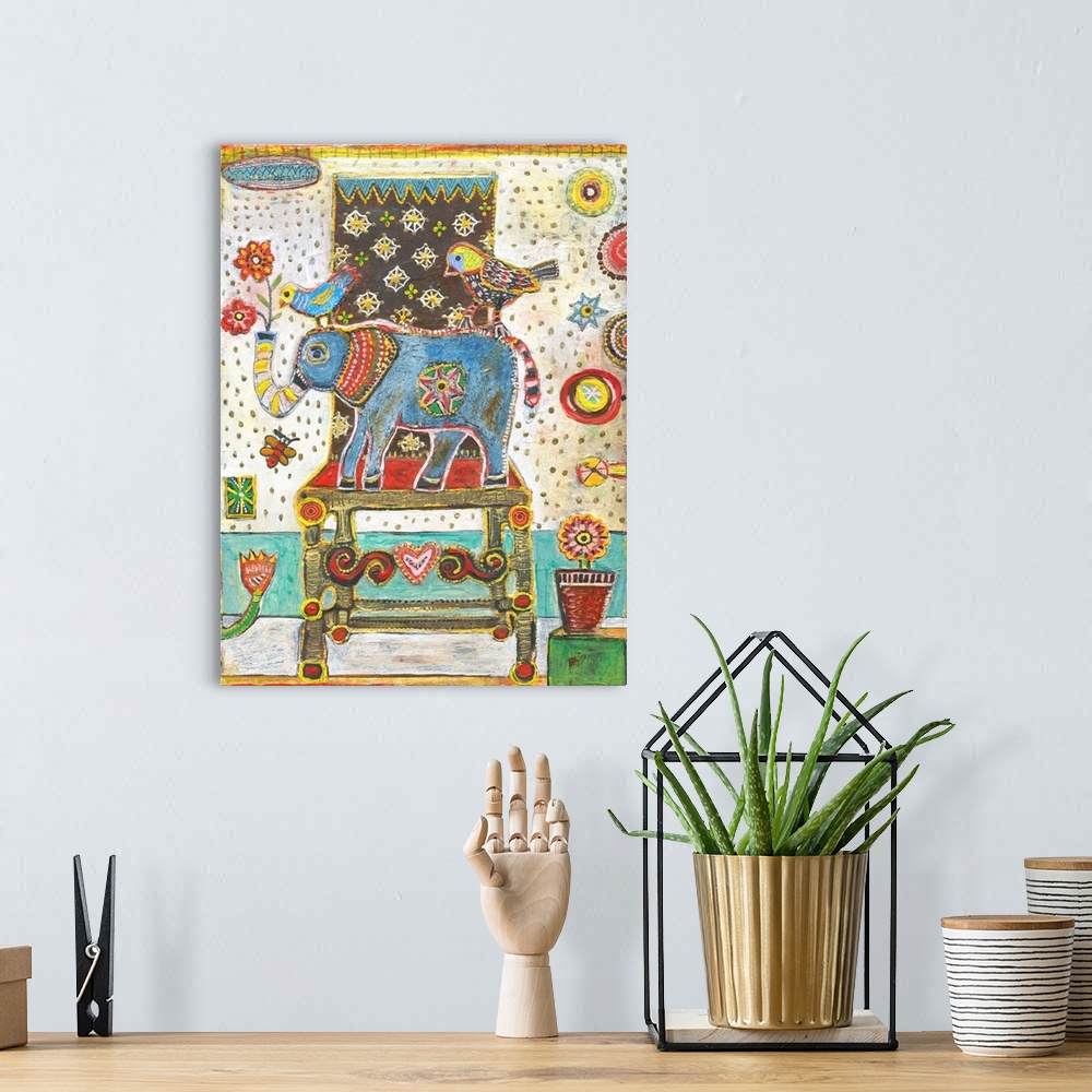 A bohemian room featuring Lighthearted contemporary painting of a blue elephant standing on a blue chair.